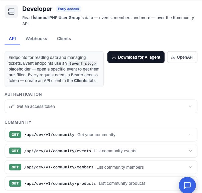 The Developer panel's API tab, with community endpoints and buttons to download the AI agent guide and OpenAPI specification.