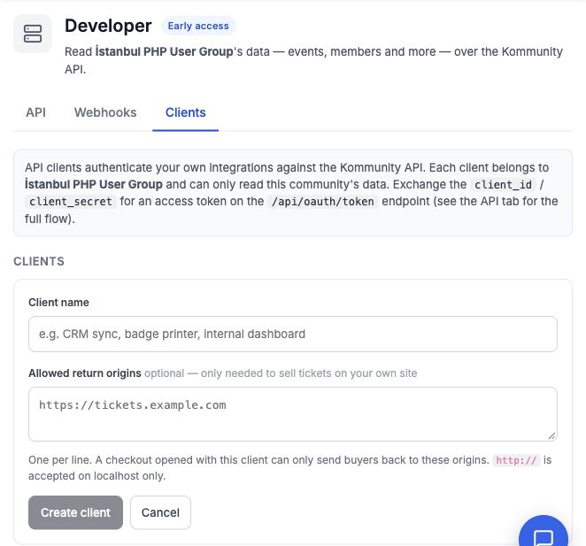 The Clients tab with the new client form, including a client name and optional allowed return origins for checkout integrations.