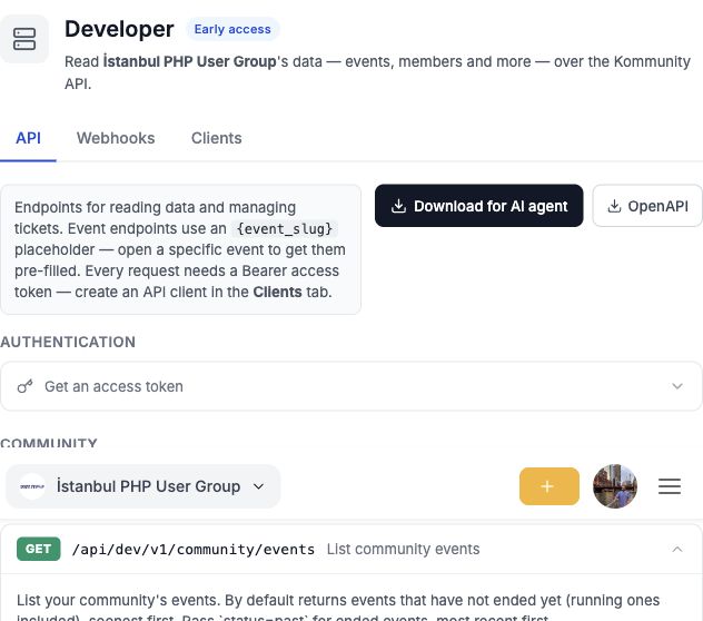 The expanded List community events endpoint, showing query parameters, a curl example with a placeholder access token, and response fields.