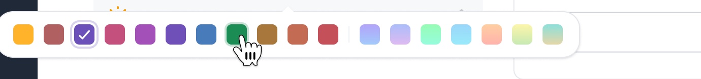 Close-up of the Color menu: 18 color swatches in a single row; 11 solid colors on the left and, after a small divider, 7 pastel animated themes. The third swatch is selected with a check mark.