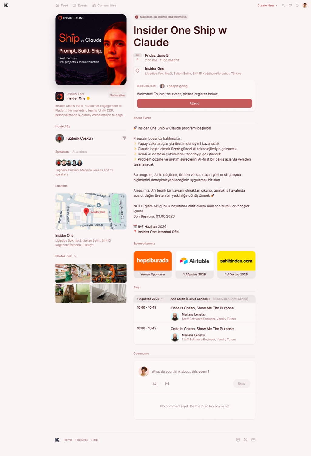 The new themed event page: the left column has the featured image, the hosting community, hosts, speakers, a map and photos; the right column has the title, date, location, registration block, description, sponsors, schedule and comments.